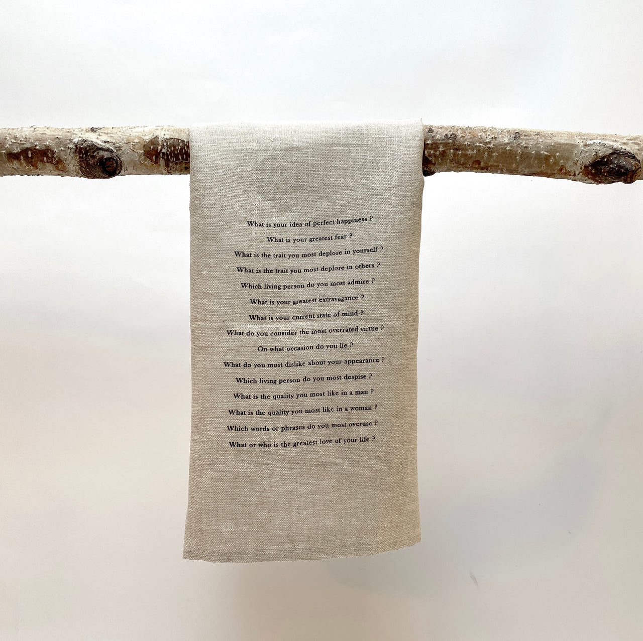 linen towel with proust questionnaire (dark)